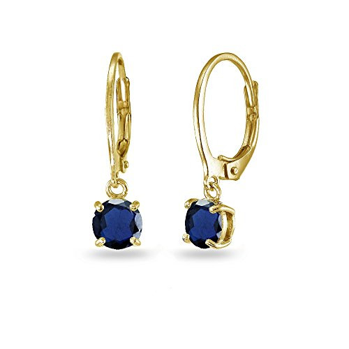 LOVVE Yellow Gold Flashed Sterling Silver Created Blue Sapphire 6mm Round Dangle Leverback Earrings