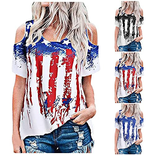 NEGJ Womens Cold Shoulder Tops and Blouses American Flag Shirts Casual Loose Short Sleeve USA 4th of July Patriotic T-Shirts Red NEGJ Womens Cold Shoulder Tops and Blouses American Flag Shirts Casual Loose Short Sleeve USA 4th of July Patriotic T-Shirts Red