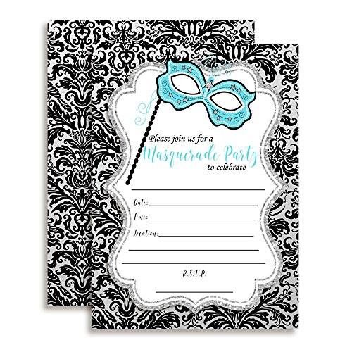 Amanda Creation Masquerade Black, Silver and Teal Party Fill in Party Invitations, Set of 20 Including envelopes