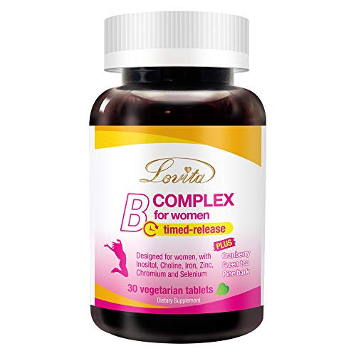 Lovita High Potent Vitamin B Complex for Women- Time Release- All B Vitamins with Iron- Vitamin C- Cranberry- Pine Bark- Green Tea for Energy- 30 Vegetarian Tablets