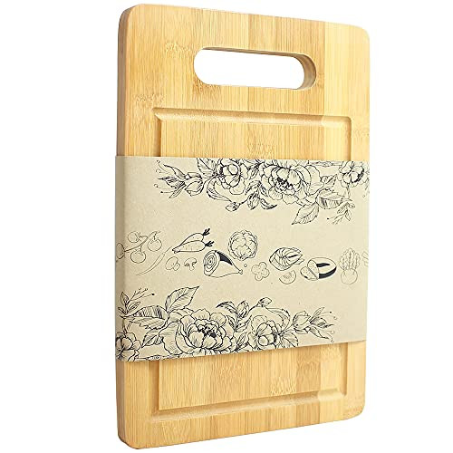 Natural Organic Bamboo Cutting Boards with Juice Grooves- for Kitchen Chopping Board with Handle for Meat- Vegetables- Fruits