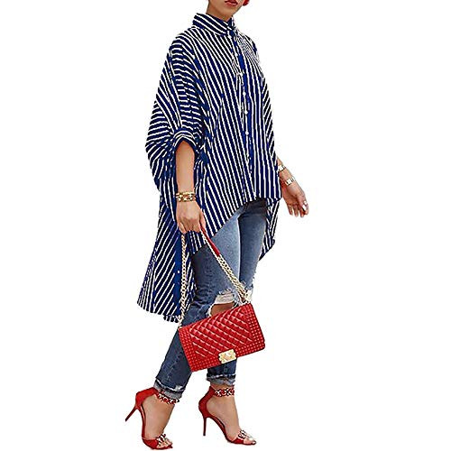 Womens Stripe Batwing Sleeve Shirt Tops Button Down High Low Hem Casual Loose Blouse -Tag Size 2XL -US10-- Blue-