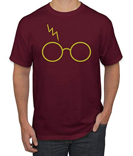 Wild Bobby Wizard Glasses Scar Gold Pop Culture Men's Graphic T-Shirt- Maroon- Medium