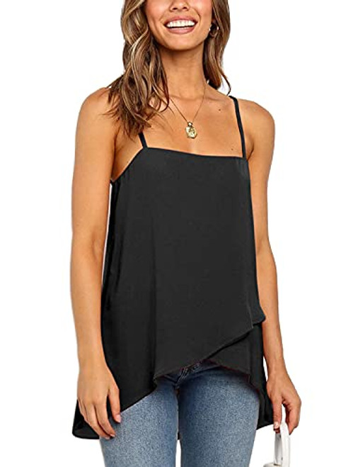 PEKONIVA Women's Chiffon Cami Tank Top Solid Spaghetti Strap Ruffle Hem Sleeveless Shirt Summer Loose Tunic Tops for Legging Black-M PEKONIVA Women's Chiffon Cami Tank Top Solid Spaghetti Strap Ruffle Hem Sleeveless Shirt Summer Loose Tunic Tops for Legging Black-M