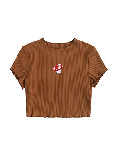 SOLY HUX Women's Cartoon Embroidery Short Sleeve Tee Ribbed Knit Lettuce Trim Crop Top Coffee Brown Mushroom M