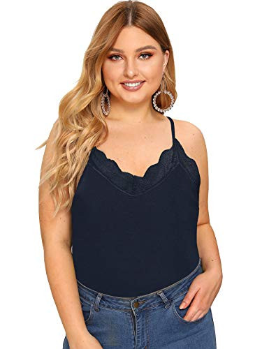 SheIn Women's Plus V Neck Sleeveless Lace Trim Spaghetti Strap Camisole Cami Tank Top Navy XX-Large Plus