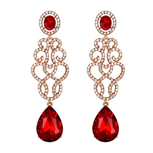 BriLove Wedding Bridal Dangle Earrings for Women Crystal Floral Filigree Teardrop Chandelier Earrings Ruby Color Gold-Toned