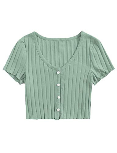 Romwe Women's Casual Short Sleeve V Neck Buttons Down Ribbed Crop Top Tee Green M