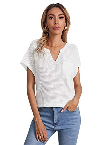 Romwe Women's Waffle Knit Henley Shirt Batwing Short Sleeve Notch Neck Pocket Tee Tops White L
