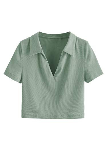SheIn Women's Short Sleeve Lapel V-Neck T-Shirts Rib Knit Solid Crop Tee Top Mint Green Medium