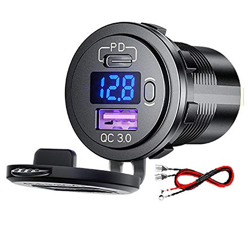 GemCoo PD Type C USB Car Charger Socket and QC 3.0 Quick Charger Car Power Outlet Socket with ON/Off Switch and LED Voltmeter Waterproof 12V/24V for Motorcycle Marine RV ATV