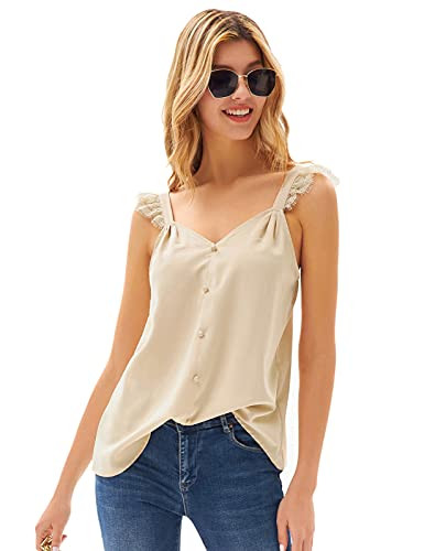 GRACE KARIN Womens Lace Tank Tops Button V Neck Sleeveless Tops Camis Pleated Casual Summer Shirts Blouse Apricot