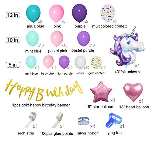 207Pcs Unicorn Balloons Arch Garland Kit 40'' Big Unicorn Balloon with Happy Birthday Banner Purple Pink Aqua Blue Balloons for Unicorn Birthday Decorations for Girls Kids Party Supplies  and  4 Tools