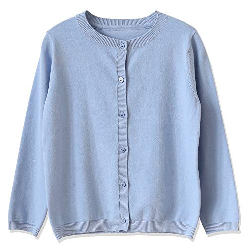 CUNYI Girl's Crewneck Lightweight Button-up Cardigan Cotton Knit Sweater Casual Outerwear- Blue- 150