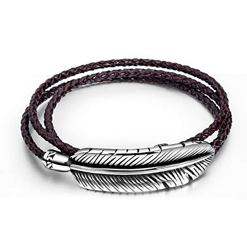 Vanski Men's Vintage Stainless Steel Feather Multilayer Braided Leather Bracelet Bangle -Brown-