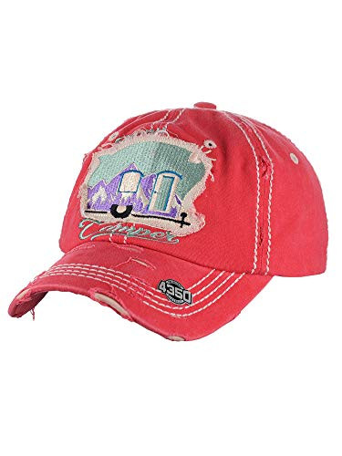 NYFASHION101 Women's Distressed Unconstructed Embroidered Baseball Cap Dad Hat- Happy Camper- Coral
