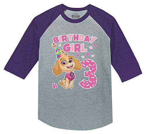 Skye Paw Patrol 3rd Birthday Girl 3/4 Sleeve Baseball Jersey Toddler Shirt 5T Purple
