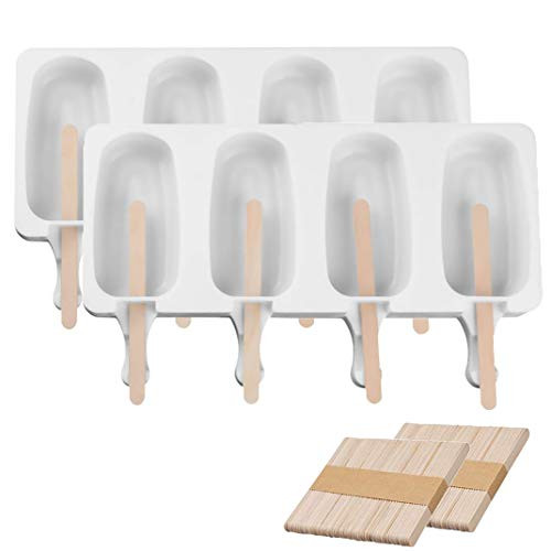 Popsicle Molds Set of 2 Silicone Ice Pop Molds Baking Mini Homemade Ice Cream Bar Cakesicle Mold for DIY Pop Mold with 100 Wooden Sticks- Oval- 4-Cavity