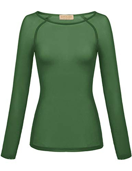 Kate Kasin Women's Long Sleeve See Through Mesh Sheer Top Blouse Shirt-S-Green-