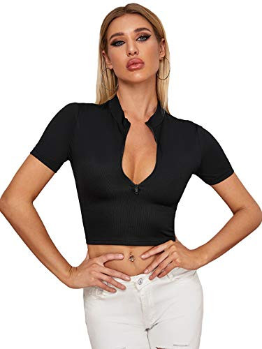 MakeMeChic Women's Zip Half Placket Rib Knit Fitted Short Sleeve Crop Top Tee Black S