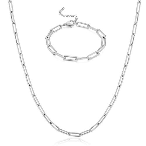 VLINRAS Paperclip Chain Necklace for Women Men Silver Chain Link Oval Rectangle Paperclip Necklace and Bracelet Gift Set
