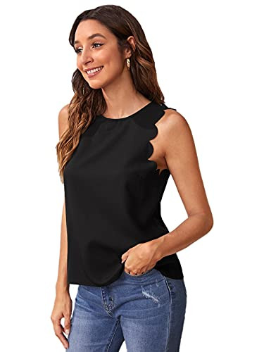 SheIn Women's Sleeveless Round Neck Blouse Top Scallop Trim Solid Blouse Shirt Black XL