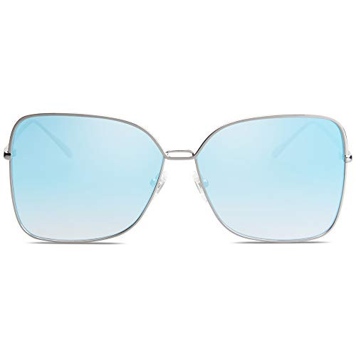 SOJOS Fashion Square Aviators Sunglasses for Women Flat Mirrored Lens SJ1082 with Silver Frame/Gradient Blue Mirrored Lens