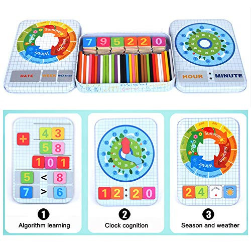 Math Number Sticks Toy Magnetic Calculation Puzzle | Wooden Colored Figure Digital Symbol Cards and Counting Rods with Box | Educational Toy for Kindergarten Kids Toddlers Children
