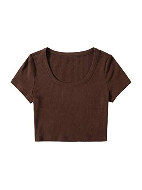 SweatyRocks Women's Short Sleeve Crop Top Ribbed Knit Scoop Neck Tee Shirt Brown S