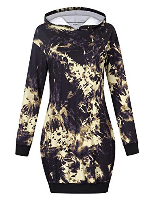 MISSKY Women's Casual Pockets Pullover Hoodie Tunic Sweatshirt Dress-Yellow S