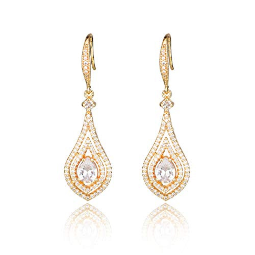 Cubic Zirconia Bridal Earrings Gold - Sterling Silver Pear Shape Crystal CZ Dangle Earrings Teardrop Rhinestone Wedding Chandelier Earring for Bride Bridesmaids Mother of Bride Pageant Gala Prom