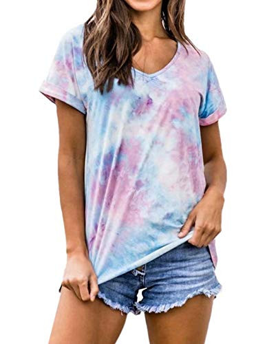 Homory Women's Tie Dye V Neck T Shirts Basic Short Sleeve Casual Summer T-Shirt Tee Top Bule Blue