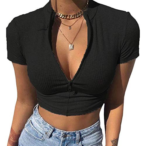 OOTaoper Women Zip Front Deep V-Neck Slim Fit T-Shirt Mock Neck Ribbed Knit Casual Short Sleeve Crop Top Tees-Large- Black-