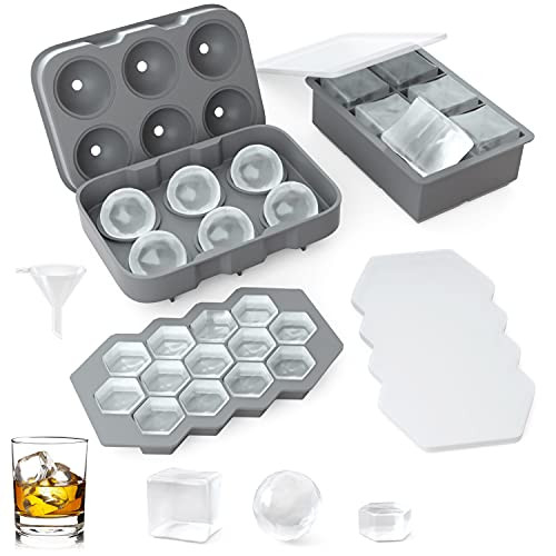 Ice Cube Tray-Ice Trays for Freezer with Lid and Funnel 3 Pack Silicone Large Round Ice Cube Tray-Square Ice Cube Mold and Honeycomb Ice Molds Stackable Whiskey Ice Ball Mold Grey Ice Cube Tray-Ice Trays for Freezer with Lid and Funnel 3 Pack Silicone Large Round Ice Cube Tray-Square Ice Cube Mold and Honeycomb Ice Molds Stackable Whiskey Ice Ball Mold Grey