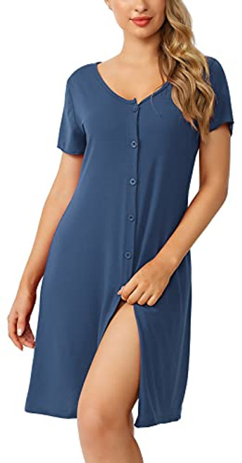 Womens Nightgowns V-Neck Short Sleeve Nightshirt Button Down Sleepwear Pajamas Night Dress for Women S-XXL Navy Blue Womens Nightgowns V-Neck Short Sleeve Nightshirt Button Down Sleepwear Pajamas Night Dress for Women S-XXL Navy Blue