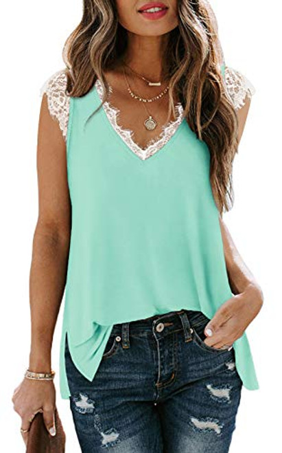 Ladies Sexy V Neck Tank Tops Summer Boho Sleeveless Tops Side Split Lake Green XL Ladies Sexy V Neck Tank Tops Summer Boho Sleeveless Tops Side Split Lake Green XL