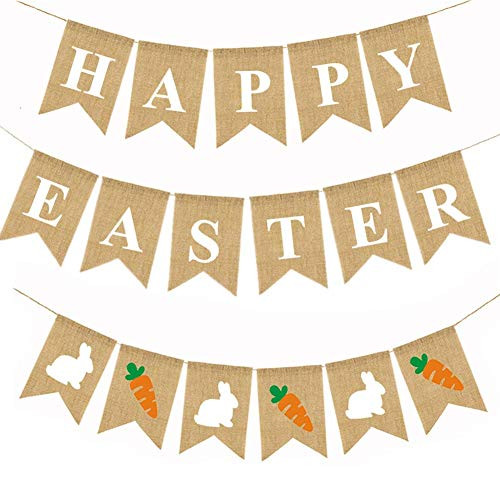 3 PCS Burlap Easter Banner, Rabbit Bunny Garland Banner, Happy Easter Bunting Banner for Party Decoration