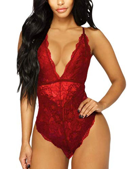 Kaei and Shi V-Neck See Through Lingerie Floral Lace Babydoll Sexy Lingerie for Women One Piece Teddy Bodysuit Red Large