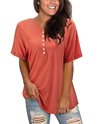 OUGES Womens Short Sleeve Button Down Casual Tops V Neck Loose Blouse Henley T Shirt?Orange Red-M