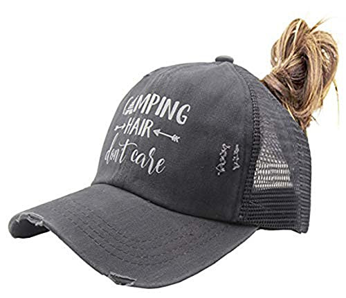 HHNLB Camping Hair Don't Care Hat Ponycap Messy High Bun Ponytail Adjustable Mesh Trucker Baseball Cap for Women