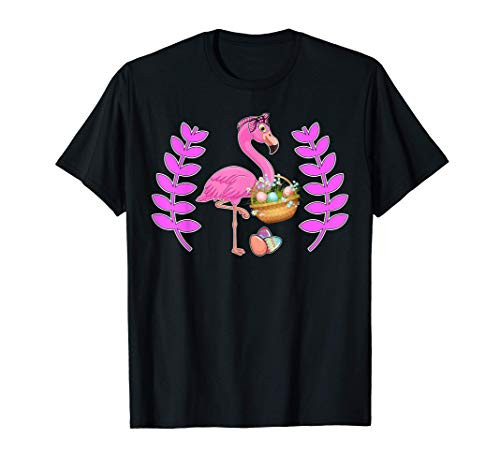 easter flamingo with Easter eggs basket love colorful egg T-Shirt
