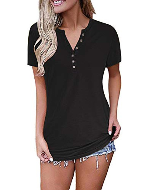 MISFAY Women's Short Sleeve V-Neck Button Loose Casual Tunic Tops Blouse Henley T Shirts -XL- Black- MISFAY Women's Short Sleeve V-Neck Button Loose Casual Tunic Tops Blouse Henley T Shirts -XL- Black-
