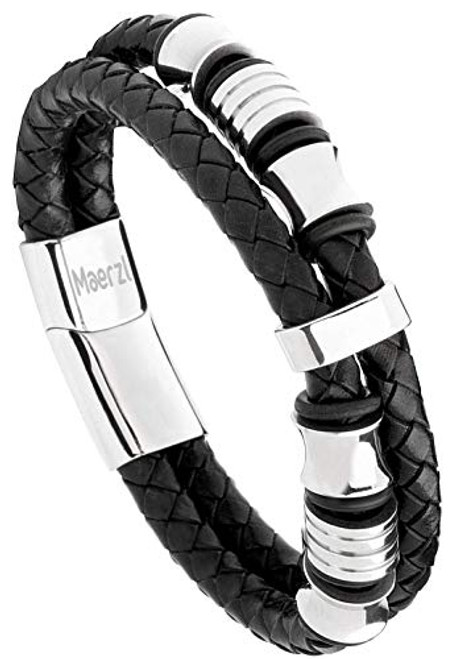 Maerzl Mens Bracelet Leather Magnetic Stainless Steel Clasp Leather Braided Mens Bracelet-Black-Silver Stainless Steel- 8.07-