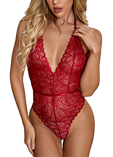 Lingerie Lace Bodysuit for Women Sexy Eyelash Teddy Valentine's Day Lingerie Naughty Negligee Bodysuit -Large- Wine Red-