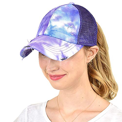 C.C Ponycap Messy High Bun Ponytail Adjustable Mesh Trucker Baseball Cap Hat- Criss Cross Mesh Tie Dye Purple