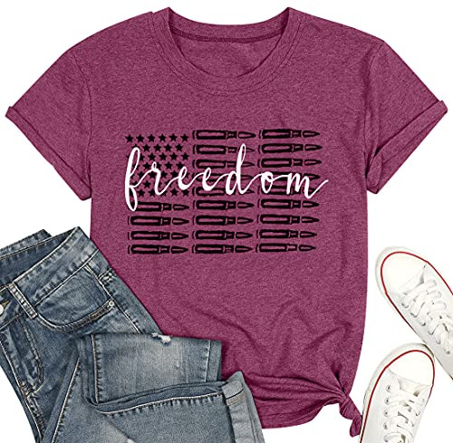 KIDDAD Freedom American Flag Shirts Women Vintage 4th of July Patriotic T Shirt Casual Short Sleeve Tee Tops -Mulberry- XL-