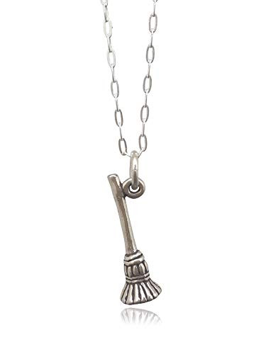 Sterling Silver Witch Broom Flying Broomstick 3D Charm Necklace- 18inch