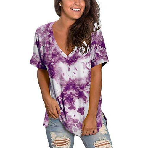 AODONG Shirts for Women-Gradient Color Loose T-Shirts Casual Printing Blouse Tops V-Neck Summer Tee Tops Purple