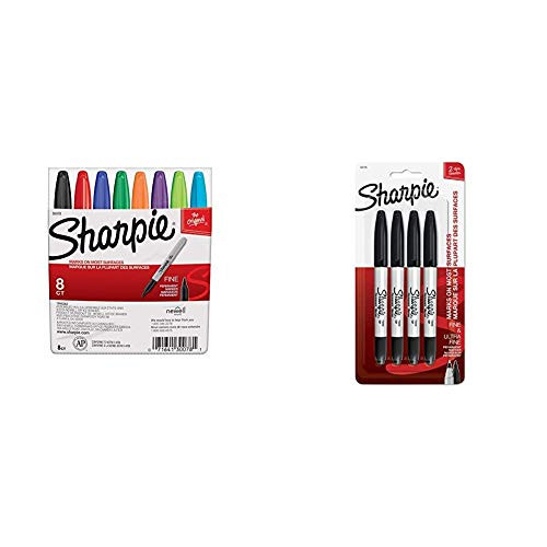 Sharpie 30078 Permanent Markers- Fine Point- Classic Colors- 8 Count  and  Twin Tip Permanent Markers- Fine  and  Ultra-Fine Points- Black- 4 Pack -32175PP-