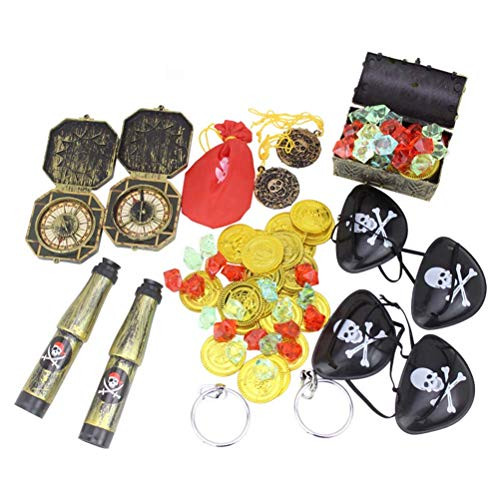 Toyvian 60 Pieces Pirate Treasure Toy Set for Pirate Party Supplies, Included Gold Coins, Eye Patches,Pirate Telescope and Compass, etc